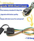Straight Up Heavy Duty 25 Inch Four Way Flat Trailer Plug With Protective Dust Cover Male 4 Pin WiringHarness Cable angled with wires.