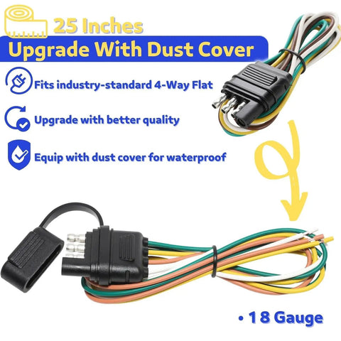 Straight Up Heavy Duty 25 Inch Four Way Flat Trailer Plug With Protective Dust Cover Male 4 Pin WiringHarness Cable angled with wires.