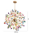 Colorful crystal and gold chandelier measuring 100cm x 100cm, featuring a burst of vibrant stones in an artistic design.