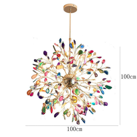 Colorful crystal and gold chandelier measuring 100cm x 100cm, featuring a burst of vibrant stones in an artistic design.