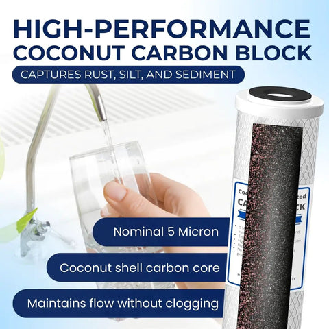 4 Pack Replacement Carbon Block Water Filter Cartridges For GE GXWH04F GXWH20F GXWH20S GXRM10 infographic with glass filling