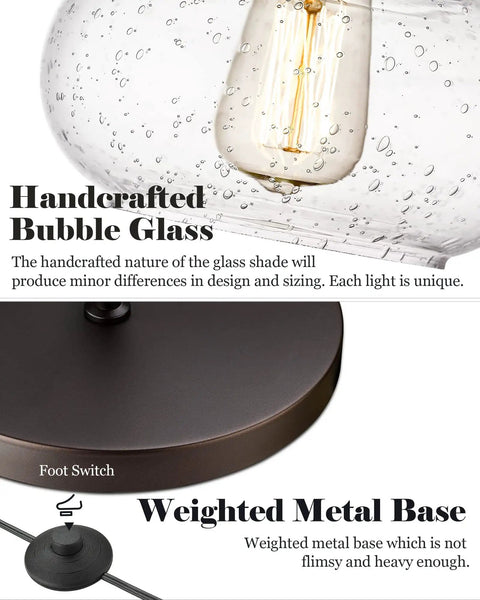 Farmhouse Bubble Glass Floor Lamp With Adjustable Tall Pole, close-up of bubble glass shade and weighted metal base with foot switch.