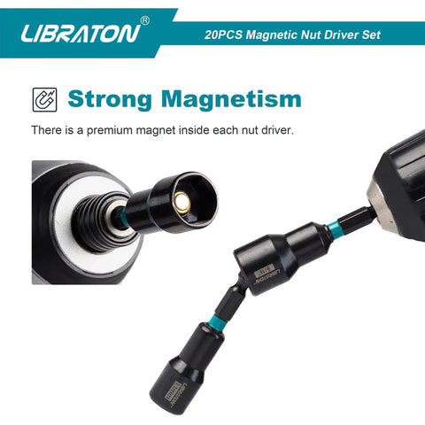 Close-up of Magnetic Nut Driver Set 20 Piece For Impact Drills Metric And SAE Nut Drivers showing strong magnetism in use.