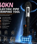 Heavy Duty 18V Hydraulic Pipe Crimping Tool With 60KN Power, featuring a 350-degree rotating head and multiple jaw sizes.