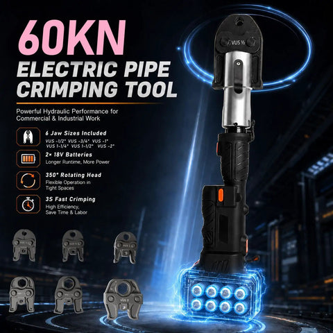 Heavy Duty 18V Hydraulic Pipe Crimping Tool With 60KN Power, featuring a 350-degree rotating head and multiple jaw sizes.
