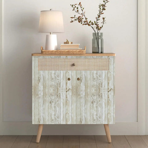 Cabinet with Vintage Wood Shiplap Peel And Stick Wallpaper With Realistic Grain Texture in a living room setting
