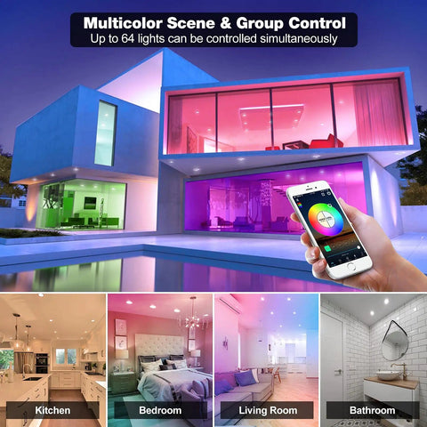 Smart 3 Inch LED Recessed Downlight Kit 6 Pack in home with multicolor lighting and app control, showcasing vivid scenes in various rooms.