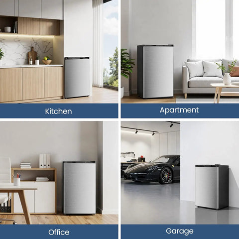 Compact 3.0 Cu Ft Upright Freezer In Silver With Moveable Shelves And A Lean Vertical Build Made For Tight Apartments Or Small Kitchens in kitchen and office settings.