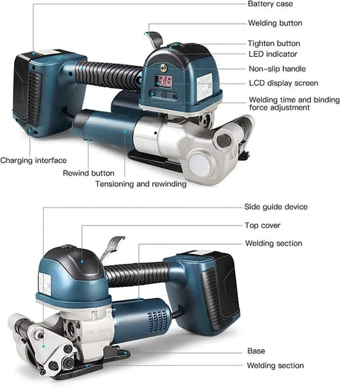No Sweat Automatic Strapping Tool For 13 To 19 Mm PP PET Bands With Rechargeable Battery showing components like charging interface and welding section.