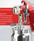Top Shelf Siphon Feed Spray Gun With Stainless Steel Nozzles And Needles, One Liter Paint Cup, Pulls Six Cubic Feet Per Minute Air Flow, Knockout Finish For Smoother Auto Detailing, Fine Woodwork And Custom Metal Coating - close-up view of red spray gun with aluminum paint cup.