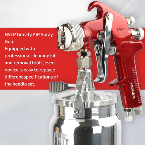 Top Shelf Siphon Feed Spray Gun With Stainless Steel Nozzles And Needles, One Liter Paint Cup, Pulls Six Cubic Feet Per Minute Air Flow, Knockout Finish For Smoother Auto Detailing, Fine Woodwork And Custom Metal Coating - close-up view of red spray gun with aluminum paint cup.