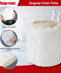 2 Pack Dacron Cloth Filter Replacements For Most Wet Dry Vacuums 5 Gallon And Up, shown with installation steps and material close-up
