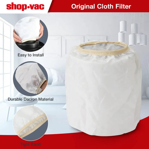 2 Pack Dacron Cloth Filter Replacements For Most Wet Dry Vacuums 5 Gallon And Up, shown with installation steps and material close-up