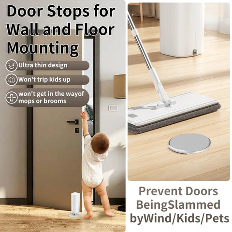 Heavy Duty Door Stopper Stainless Steel No Drilling Wedge Stopper Keeps Doors Open Even In Windy Weather For Home Office Garage Workshop Great For Homes Shops And More Easy Install shown with mop in use.
