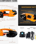 Heavy Duty Electric Strapping Tool For 13 To 16 Mm Pp Pet Bands showing battery box, welding motor, and features for packing.