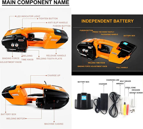 Heavy Duty Electric Strapping Tool For 13 To 16 Mm Pp Pet Bands showing battery box, welding motor, and features for packing.