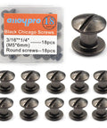 Slick Gun Metal Chicago Binding Screws, Clutch 36 Piece M5x6mm Nickel Plated Rivet Kit arranged with case showing round screws.