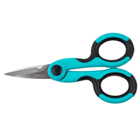 ProSeries Heavy Duty Detail Scissors Five Point Five Inch With Power Notch For Fabric And Craft Projects Teal Rubberized Comfort Grip Sleek Precision For Sewers Crafters And DIYers, teal scissors side view