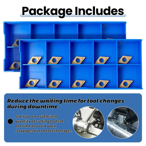 20 Pcs DCMT070204 DCMT21.51 carbide turning inserts multilayer coated for steel and stainless machining, shown in blue container