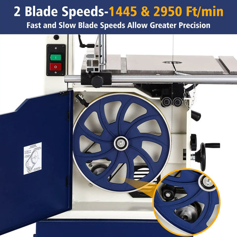 Beast Of A 14 Inch Dual Speed Bandsaw For Woodworking With 2 HP 120V Motor, 1445 And 2950 FPM, Solid Cast Iron Table, Overload