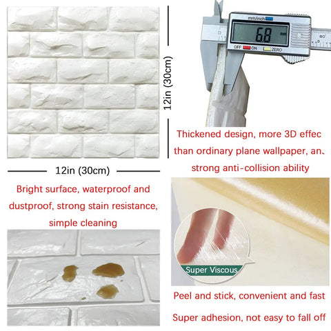 Peel And Stick 3D Foam Brick Wall Panels White 30 Pack Self Adhesive Faux Stone Wallpaper For Bedroom Decor Waterproof 7mm