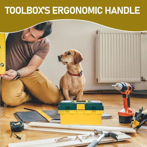 Heavy Duty Plastic Toolbox Organizer With Reinforced Grip For Job Site Hardware And Straight Up Rugged Storage That Keeps Your Gear Locked Down And Ready To Roll Anywhere, shown in use with ergonomic handle.