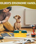 Heavy Duty Plastic Handheld Toolbox With Rugged Ergonomic Handle For Storing Hardware And Gear Making The Daily Grind Easy Around The Home Garage Or Job Site, positioned on a floor with tools and a dog nearby.