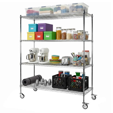 5 Tier Metal Wire Shelving Rack With Durable Steel Construction And Smooth Rollers For Ultimate Storage Flexibility in a kitchen setting.