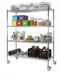 Super Sturdy Five Tier Wire Shelving Unit That Rolls Like A Dream With Heavy Duty Casters And Massive Load Rating Built Tough For Garage Organization Or Any Room Demanding No Nonsense Storage Solutions with colorful boxes and kitchen appliances.