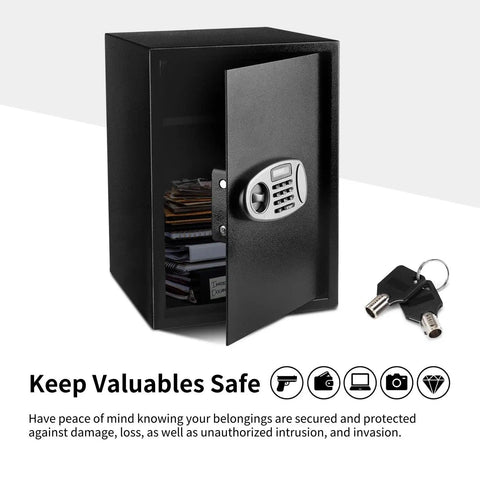 Heavy Duty Digital Keypad Safe Box for Home and Office, Built Like a Tank Pry Resistant Steel Lockbox with open door showing interior