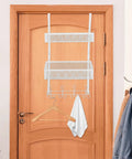 Heavy Duty Over The Door Organizer With Double Layer Mesh Baskets And Eight Sturdy Hooks For Bathroom And Home Office mounted on a wooden door.