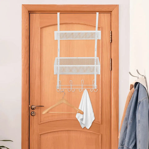 Heavy Duty Over The Door Organizer With Double Layer Mesh Baskets And Eight Sturdy Hooks For Bathroom And Home Office mounted on a wooden door.