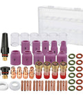 Stubby Gas Lens TIG Welding Torch Kit No Ten Glass Cup for WP 17 18 26 with consumables set and accessories displayed
