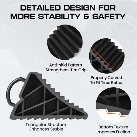 Heavy Duty 4 Pack Wheel Chocks For Travel Trailers And RVs With Portable Handle Pro Grade Tire Chocks Triangular Design Non Slip Black