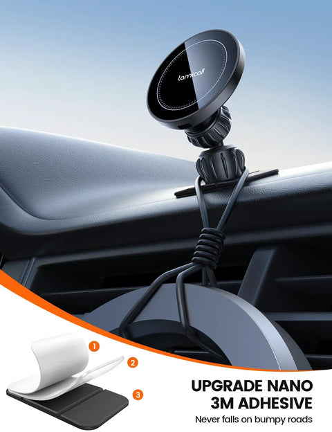 MagSafe Car Mount Charger With 15W Wireless Power, 20X Strong Magnets on air vent with 3M adhesive base illustration