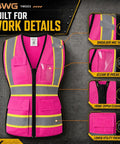 Snug Fit Reflective Safety Vest For Women With Utility Pockets Adjustable Elastic Waist Bright Pink High Vis Construction Gear showing front with pockets and zipper.