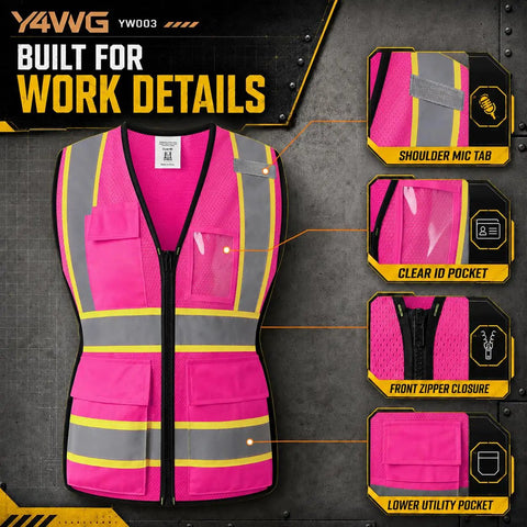 Snug Fit Reflective Safety Vest For Women With Utility Pockets Adjustable Elastic Waist Bright Pink High Vis Construction Gear showing front with pockets and zipper.