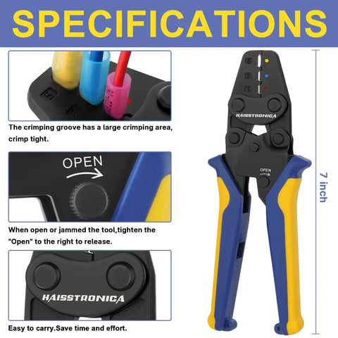 Heavy Duty Ratcheting Crimping Tool For Heat Shrink Connectors, 7 Inch Wire Crimper, Features and Specifications Display