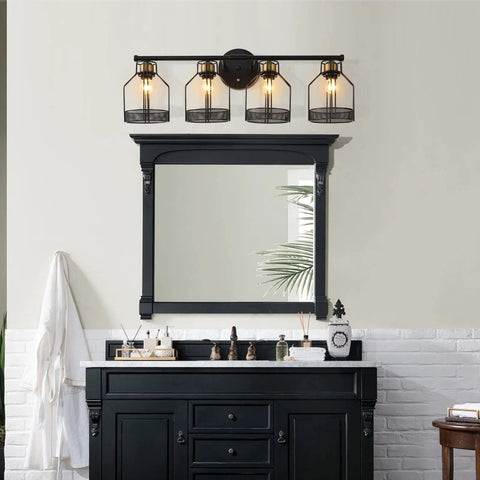 Industrial Farmhouse 4 Light Vanity Sconce With Vintage Edison Bulbs Black Metal Cage Shade Wall Mounted Bathroom Lighting