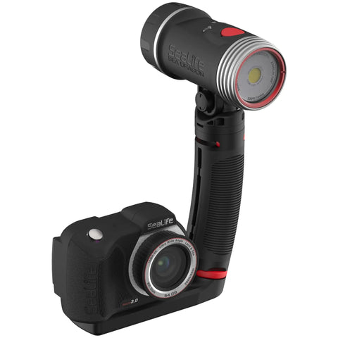 Sea Dragon 2300F Underwater Photo Video Light for Scuba and Snorkeling with Flex Connect Grip and Tray next to camera