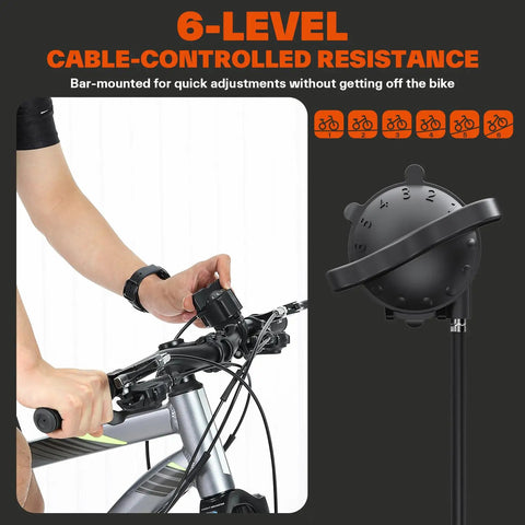 Close-up of hand adjusting resistance on bike connected to 6 Level Magnetic Bike Trainer With Adjustable Resistance For Indoor Cycling.
