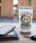 Patriotic American Flag Sailboat Insulated Tumbler Stainless Steel Travel Cup on desk with ship design and text 'Land of the Free'