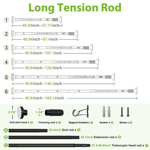 Diagram of One Click Extendable Heavy Duty Tension Curtain Rod 41 To 165 Inch showing measurement options and parts