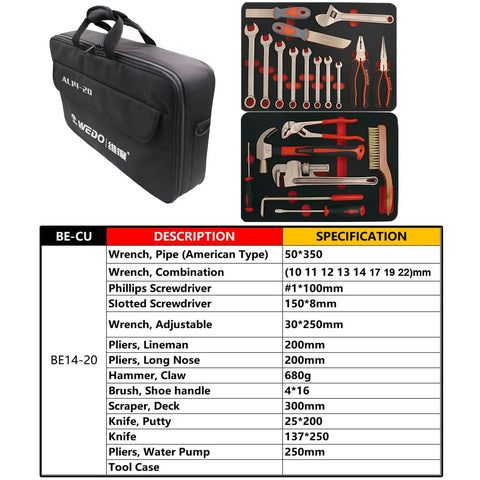 Non-Sparking 20 Piece Tool Set With Pipe Wrench Combo Wrenches Pliers Screwdrivers Putty Knife in black carrying case and tools
