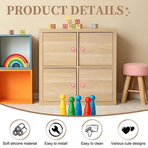 Wooden cabinet with Six Pack Soft Silicone Flower Cabinet Knobs Pink Cartoon Drawer Pulls for nursery next to colorful toys.