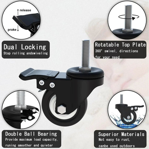 Smooth Like Butter Heavy Duty Swivel Casters Set Of Four Silent PU Tread Wheels with dual locking mechanism for secure use.