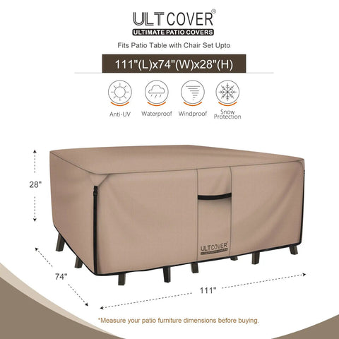 Heavy Duty Rectangular Patio Table Cover For 111 Inch Long By 74 Inch Wide Table With 6 To 8 Chairs, 600D Canvas Waterproof