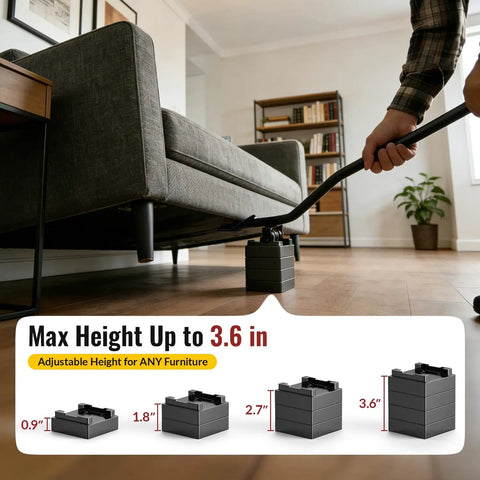 Man using Heavy Duty Furniture Lifter Jack For Carpet Sliders And Hardwood Floors 660 Lb Capacity Includes Four Stackable Blocks