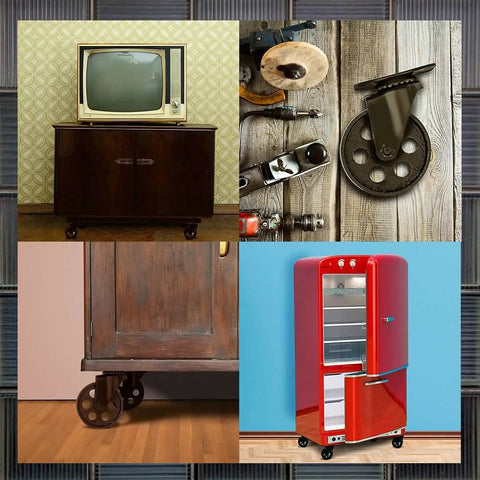 Collage showing vintage furniture and appliances on display, with close-up of black swivel plate caster wheel, indicative of installation.