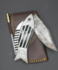 Fish Style Damascus Folding Knife With Ladder Pattern Blade Copper Finish Brass Engraved Handle And Leather Sheath
